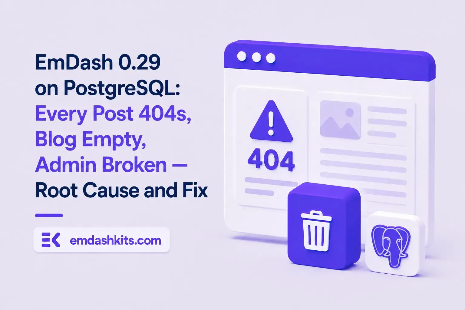 EmDash 0.29 on PostgreSQL: Every Post 404s, Blog Empty, Admin Broken — Root Cause and Fix EmDash 0.29 on PostgreSQL: Every Post 404s, Blog Empty, Admin Broken — Root Cause and Fix